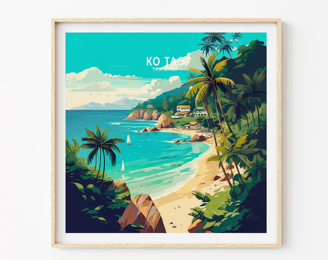 Ko Tao Thailand Tropical Palm Beach Square Retro Travel Poster - Image 3