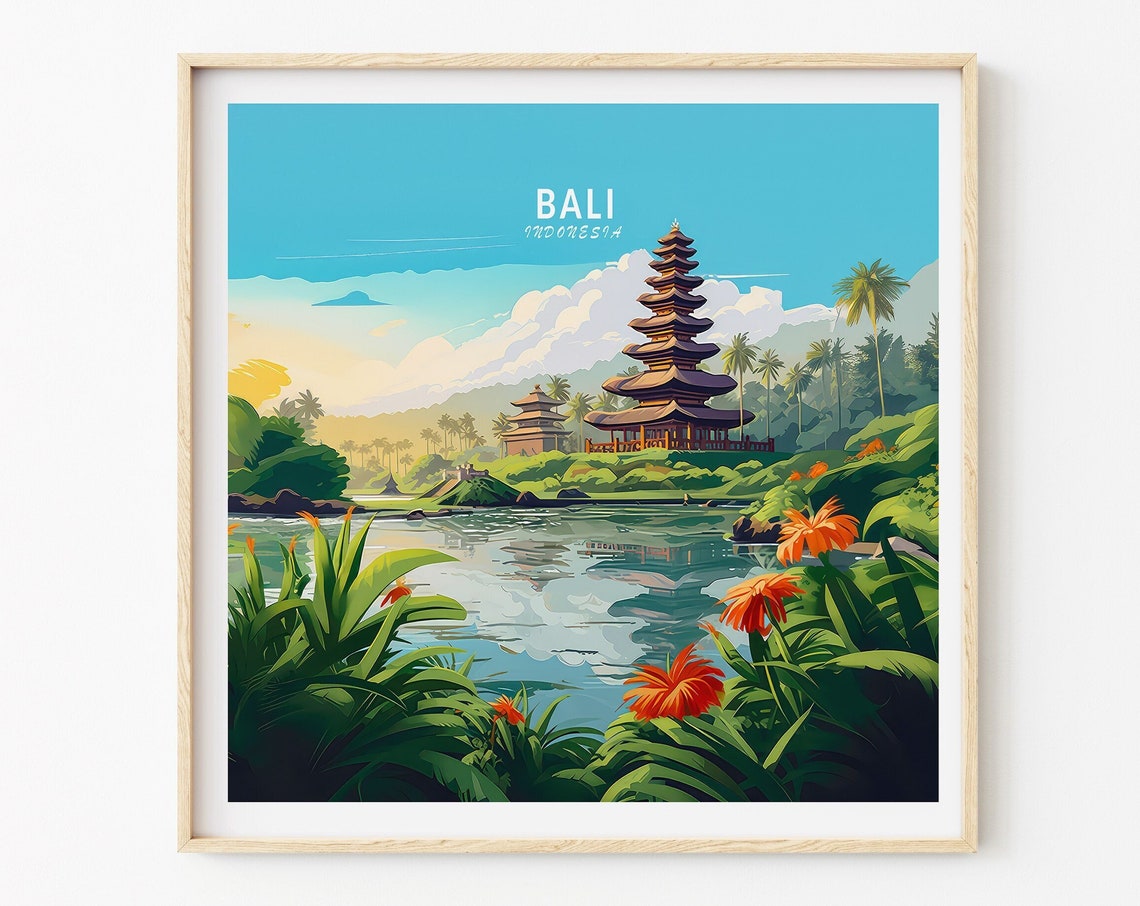 Bali Indonesia Lake Temple Vintage Travel Illustration Poster - Image 3