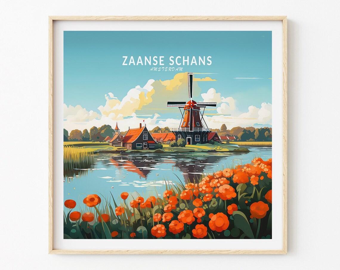Zaanse Schans Amsterdam Dutch Windmill Red Flower Travel Poster - Image 3