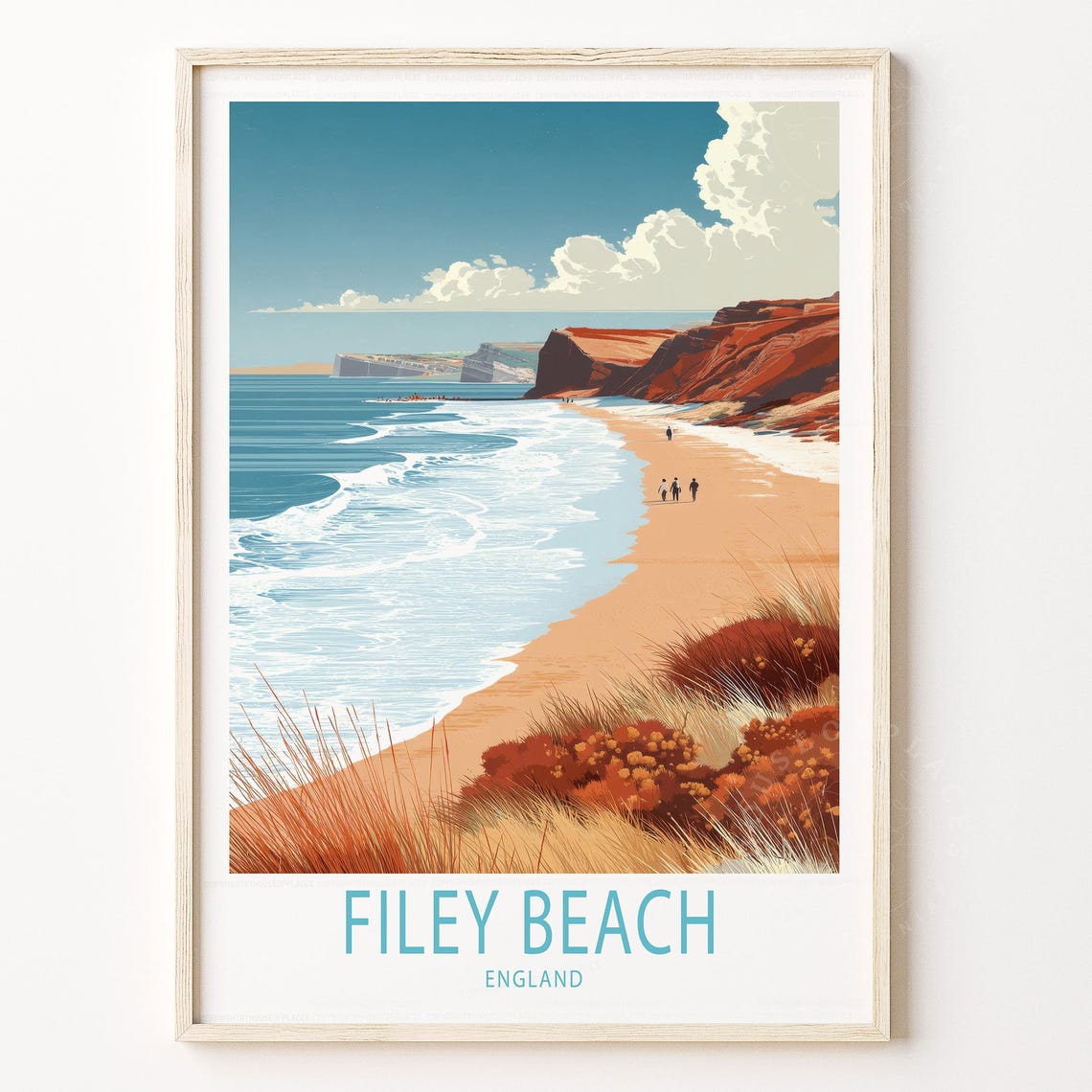 Filey Beach England Sandy Shore Cliffs Seascape Travel Poster