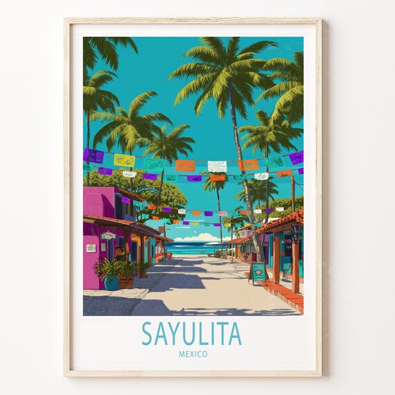 Sayulita Mexico Beach Street Papel Picado Palm Travel Poster