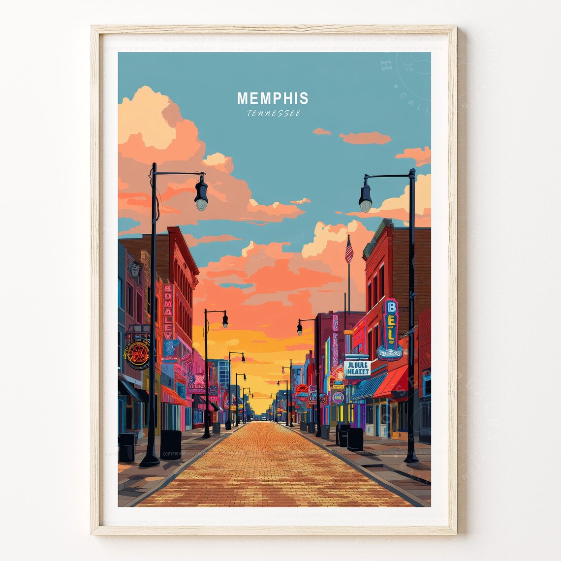Memphis Tennessee Beale Street Neon Sunset Vintage City Poster