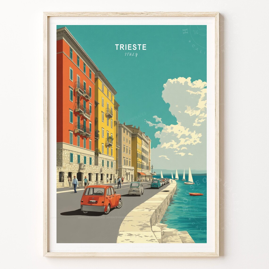 Trieste Italy Waterfront Vintage Cars Sailboats Seaside Travel Poster