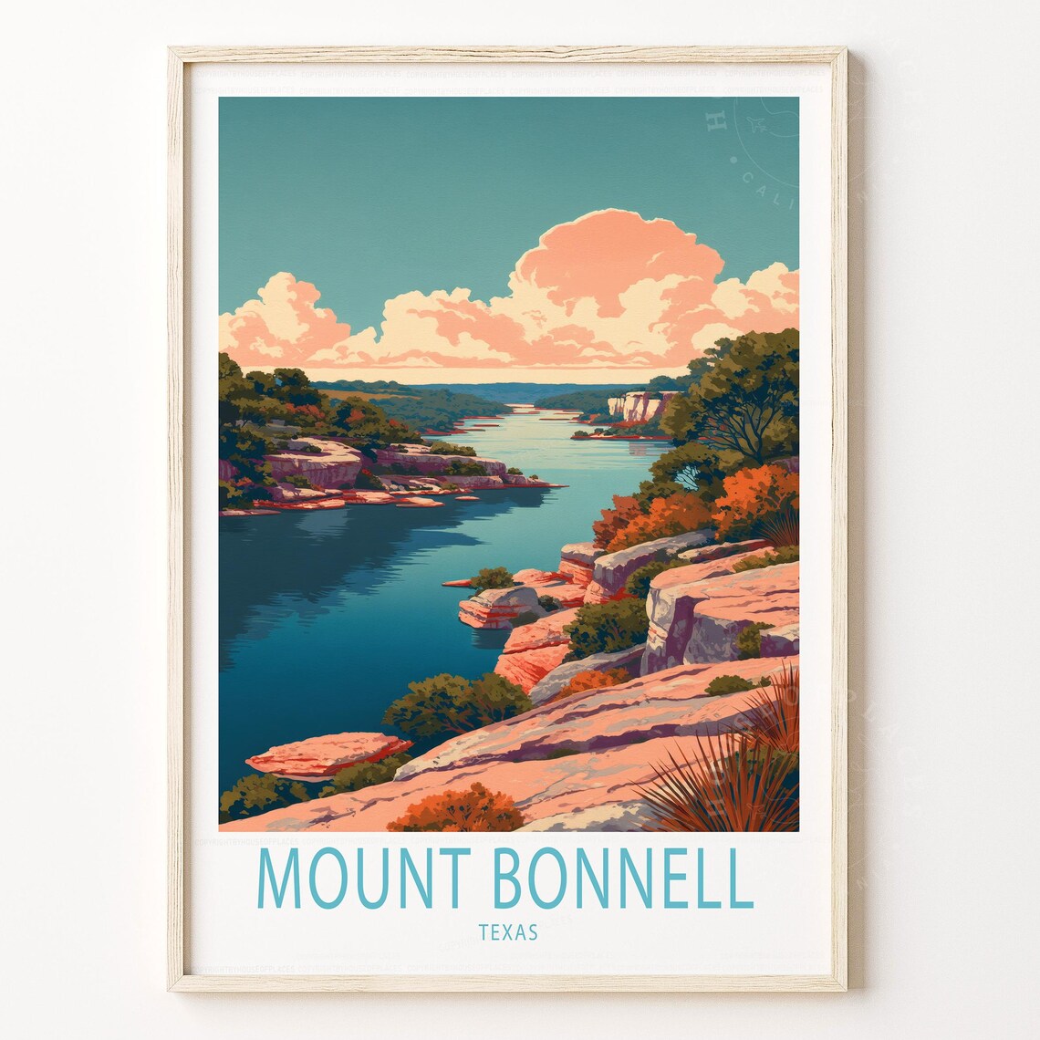 Mount Bonnell Texas Rocky Bluffs Lake Overlook Travel Poster