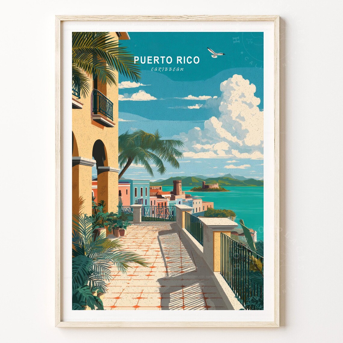 Puerto Rico Caribbean Terrace with Palm Trees Ocean View Travel Poster