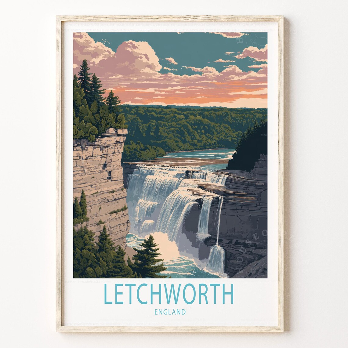 Letchworth England Waterfall Poster Vintage Gorge Sunset Travel Art