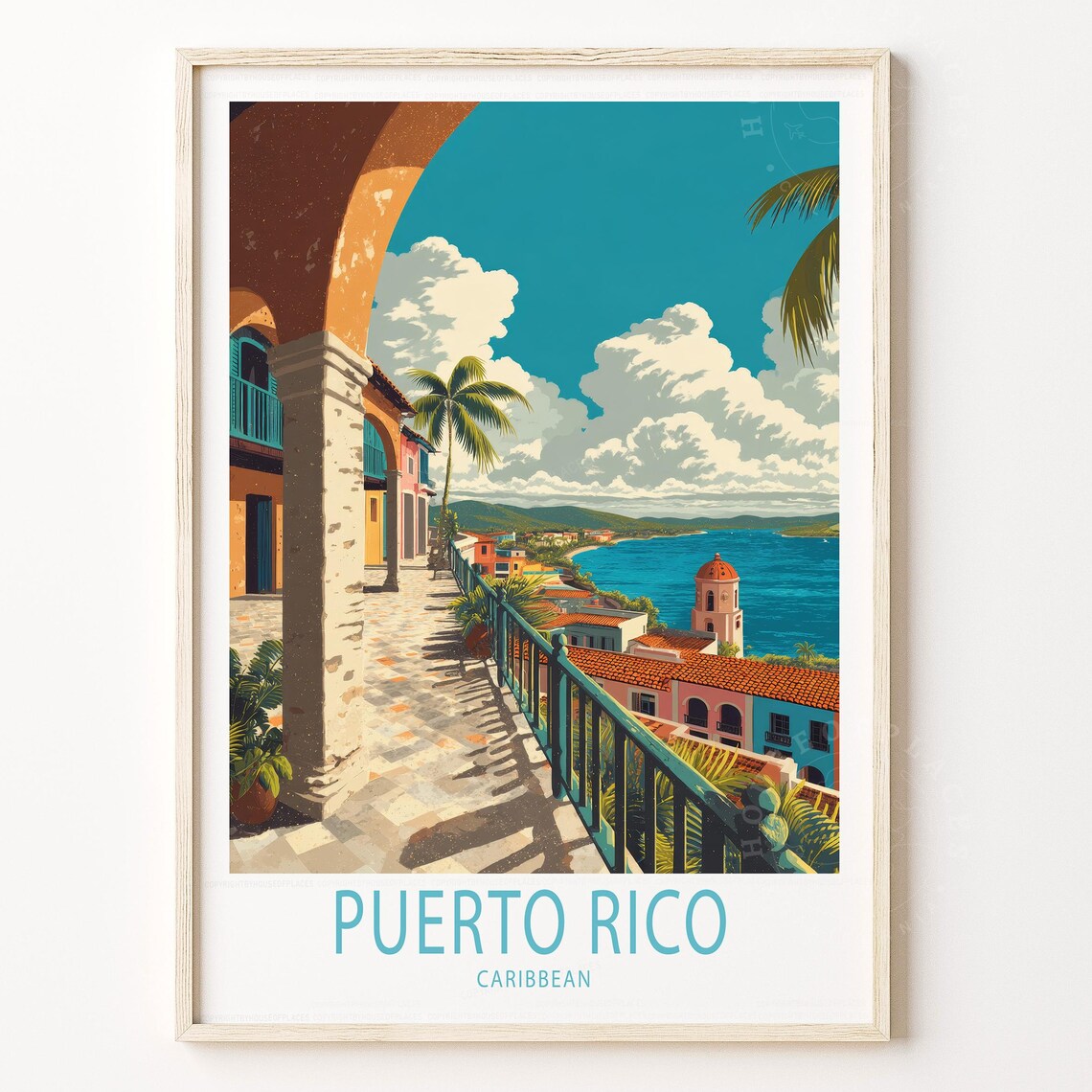 Puerto Rico Caribbean Arch Terrace Colonial Town View Travel Poster