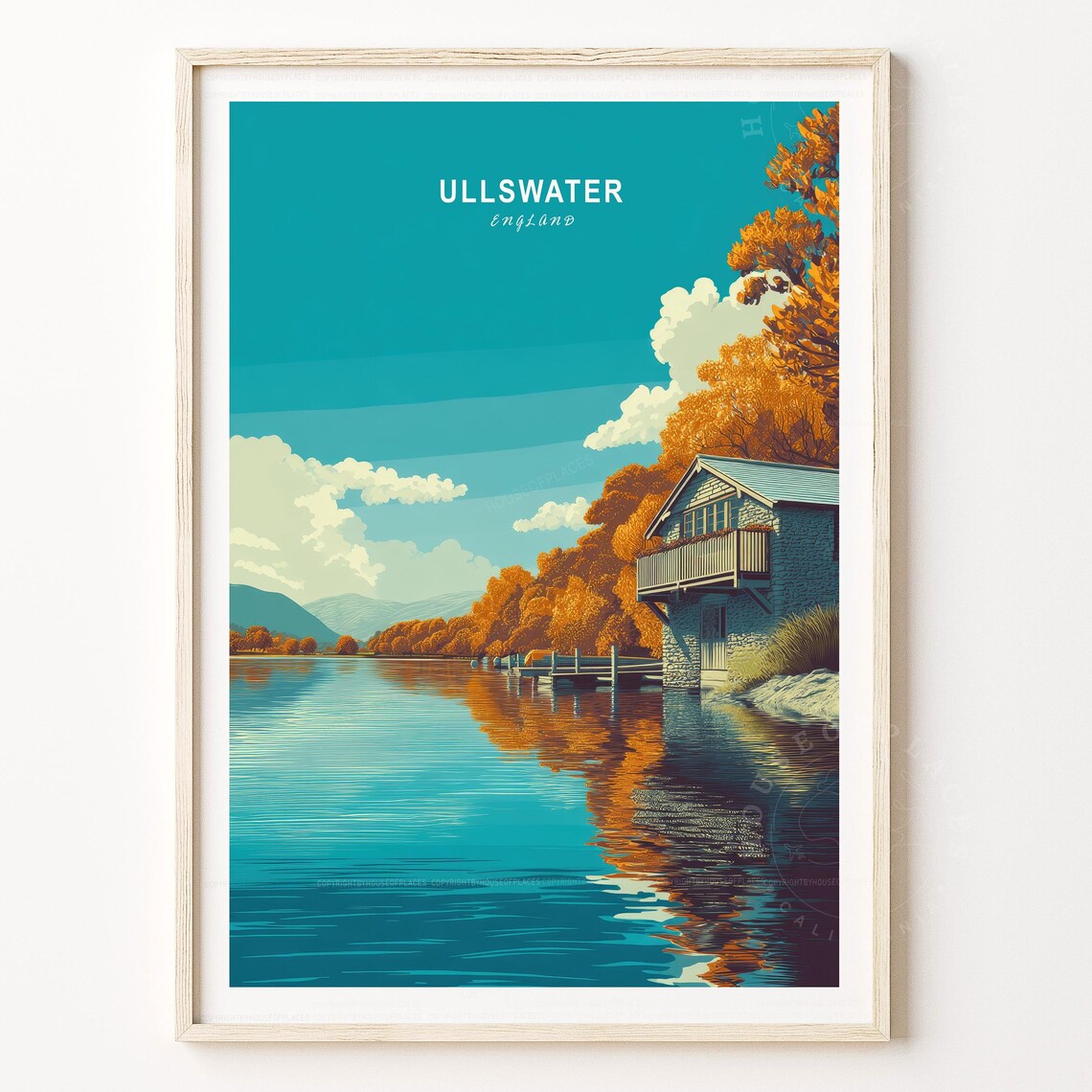 Ullswater England Autumn Lake Boathouse Vintage Travel Poster
