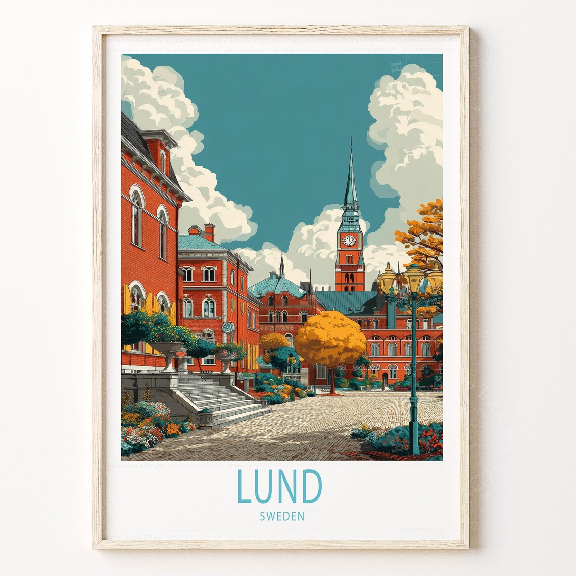 Lund Sweden City Square Church Autumn Vintage Travel Poster Gift