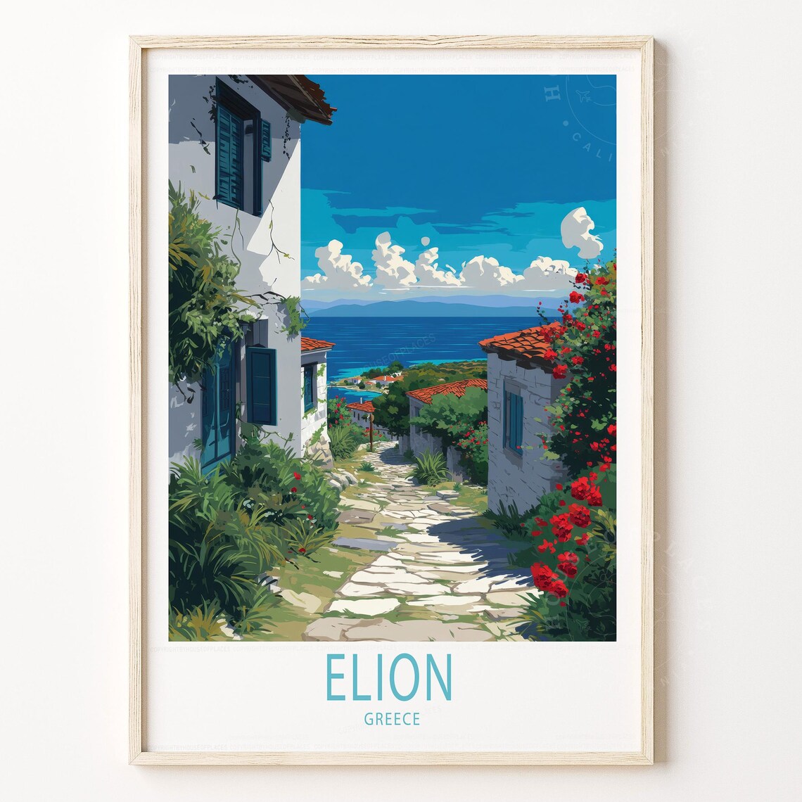 Elion Greece Seaside Alley Bougainvillea Vintage Travel Poster