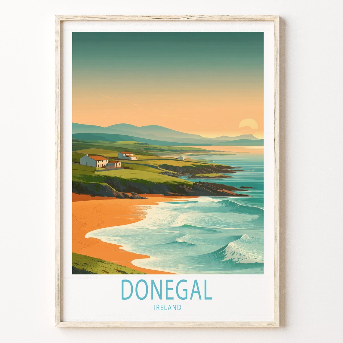 Donegal Ireland Golden Beach Waves Coastal Cottages Travel Poster