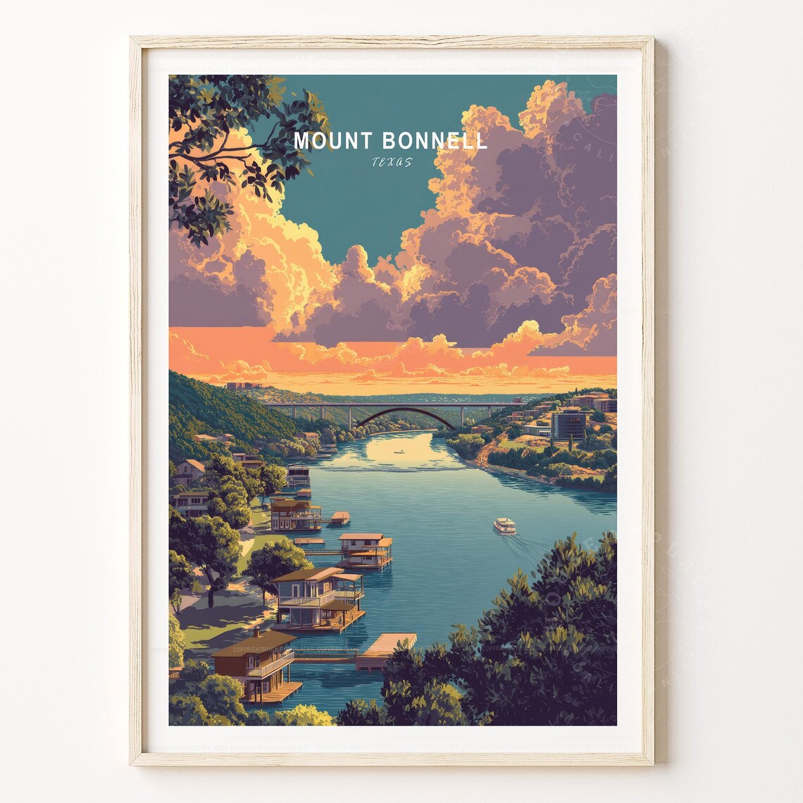 Mount Bonnell Texas Sunset River Travel Poster with Lake Houses