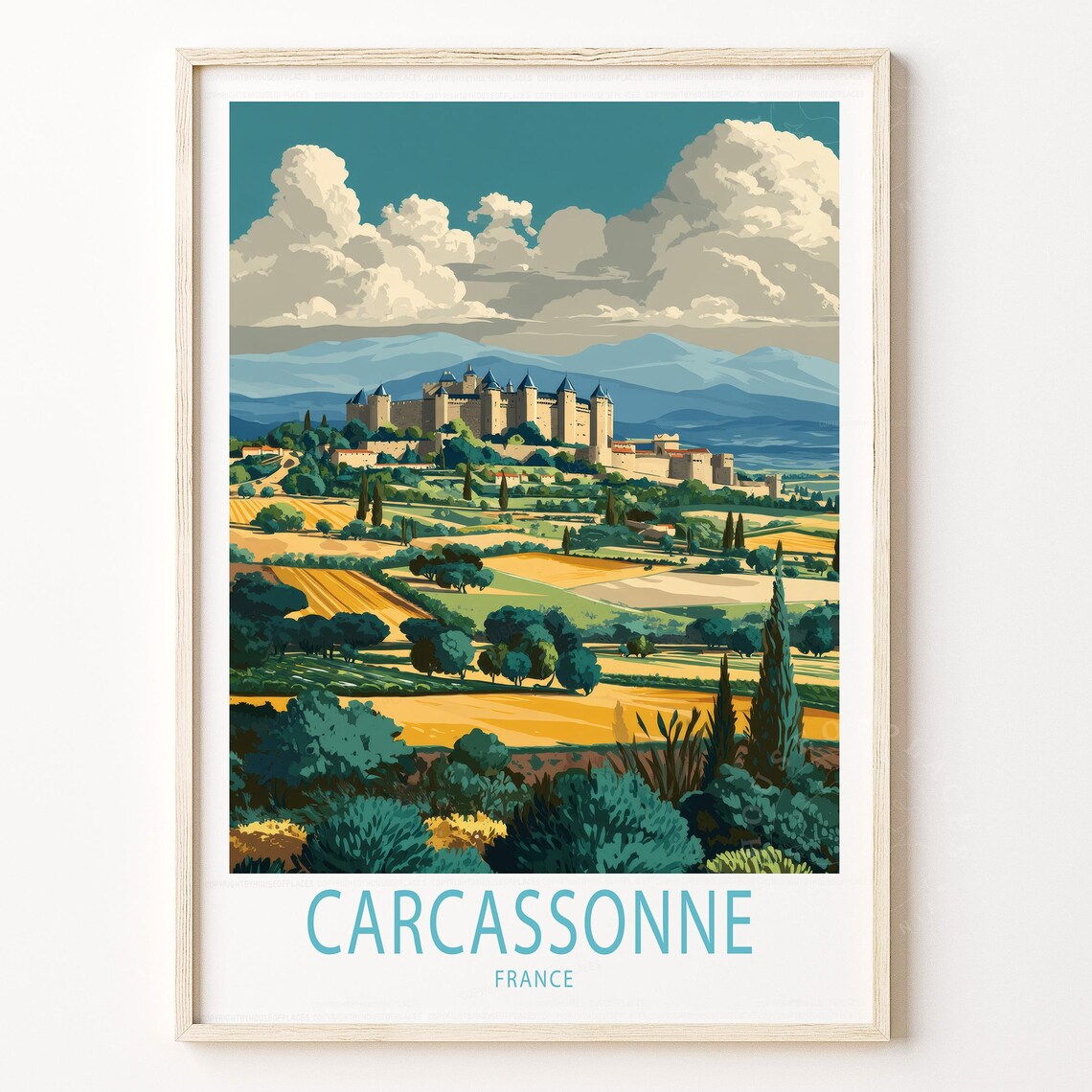 Carcassonne France Medieval Fortress Travel Poster Golden Fields Scene