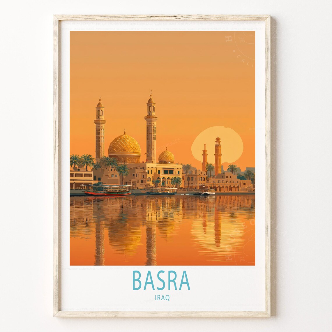 Basra Iraq Travel Poster Orange Sunset Skyline Mosque Artwork