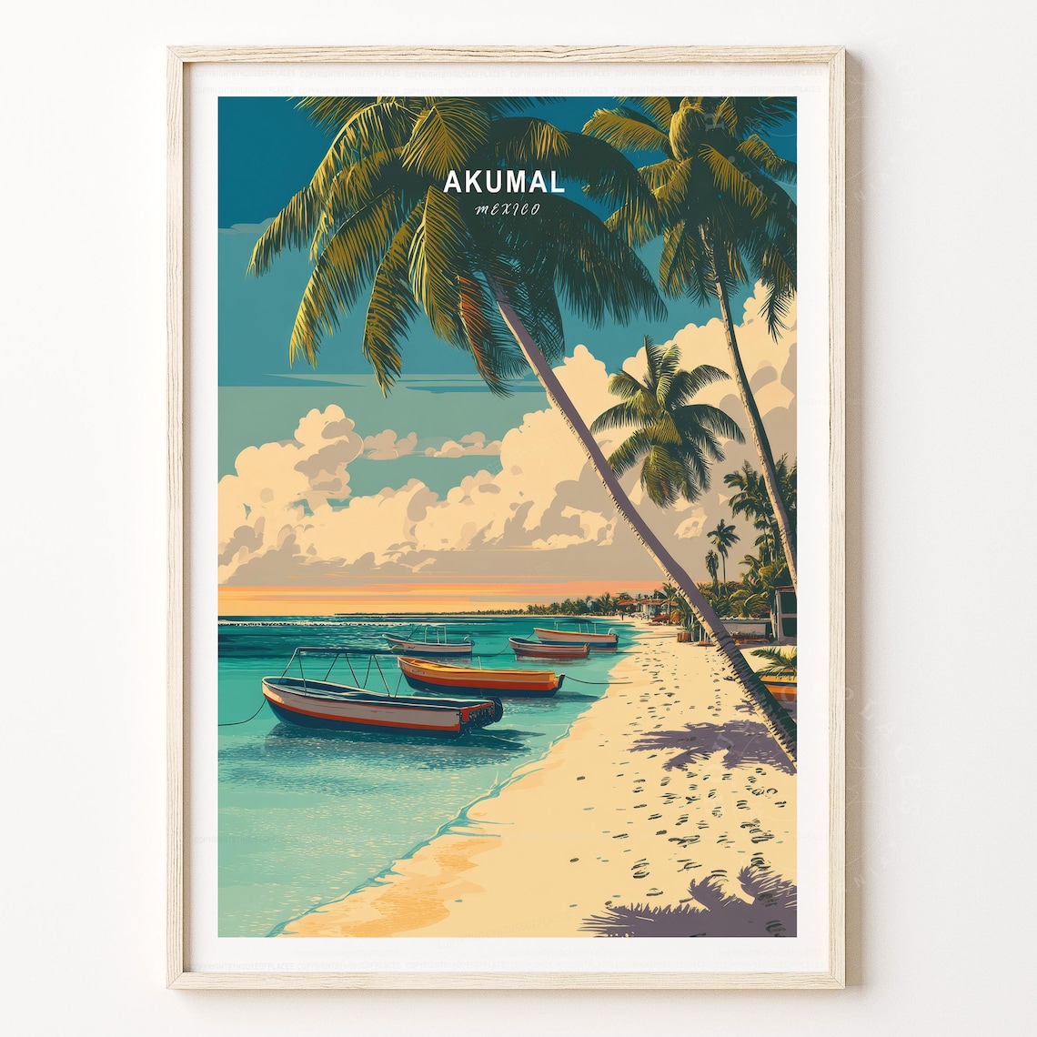 Akumal Mexico Retro Beach Travel Poster With Palm Trees Boats