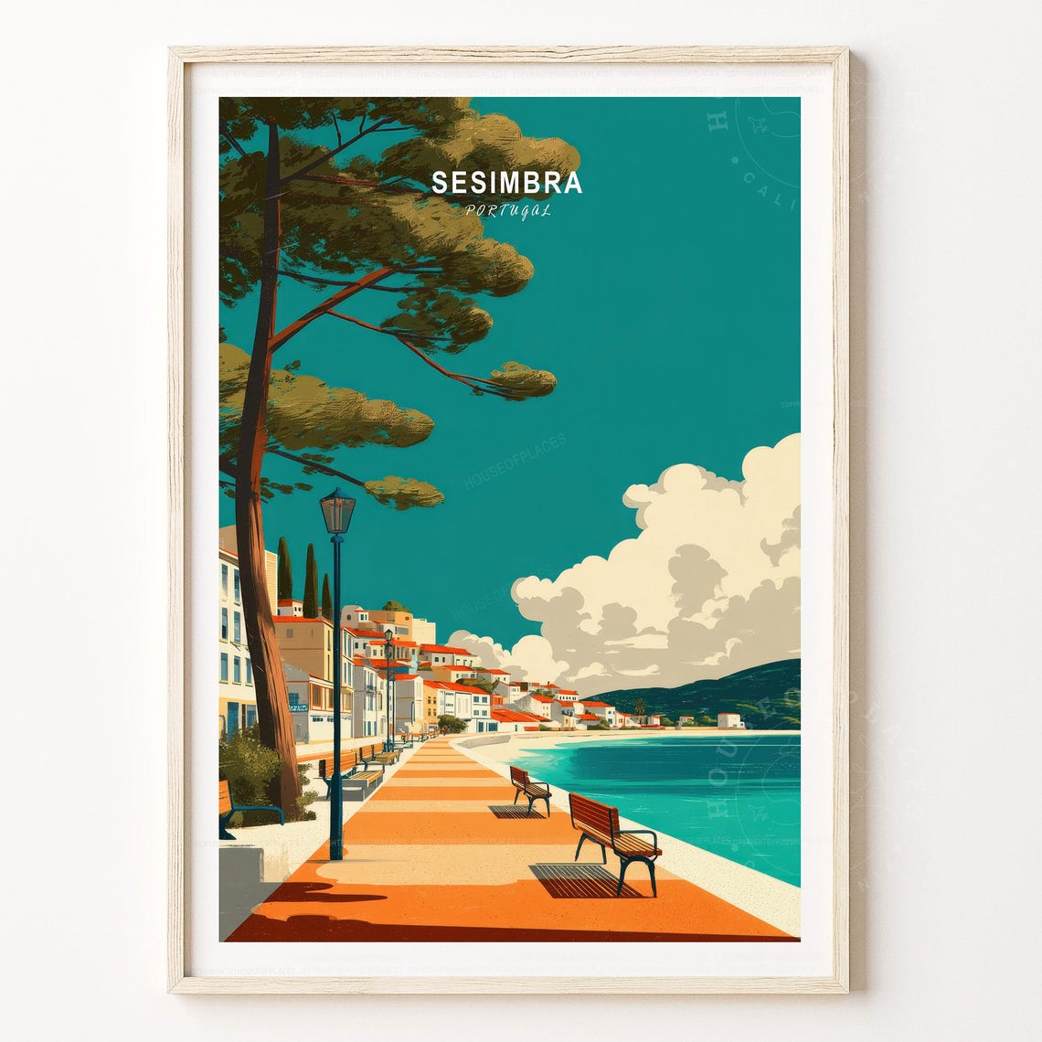 Sesimbra Portugal Coastal Poster Seafront Town Benches Pine Tree Art
