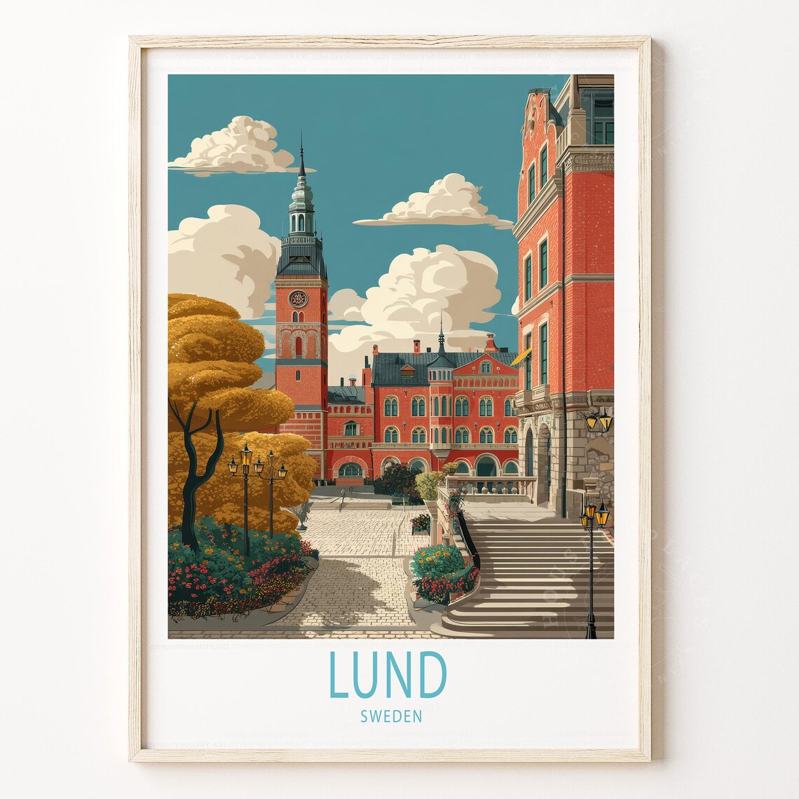 Lund Sweden Red Brick Clock Tower Autumn Street Travel Poster