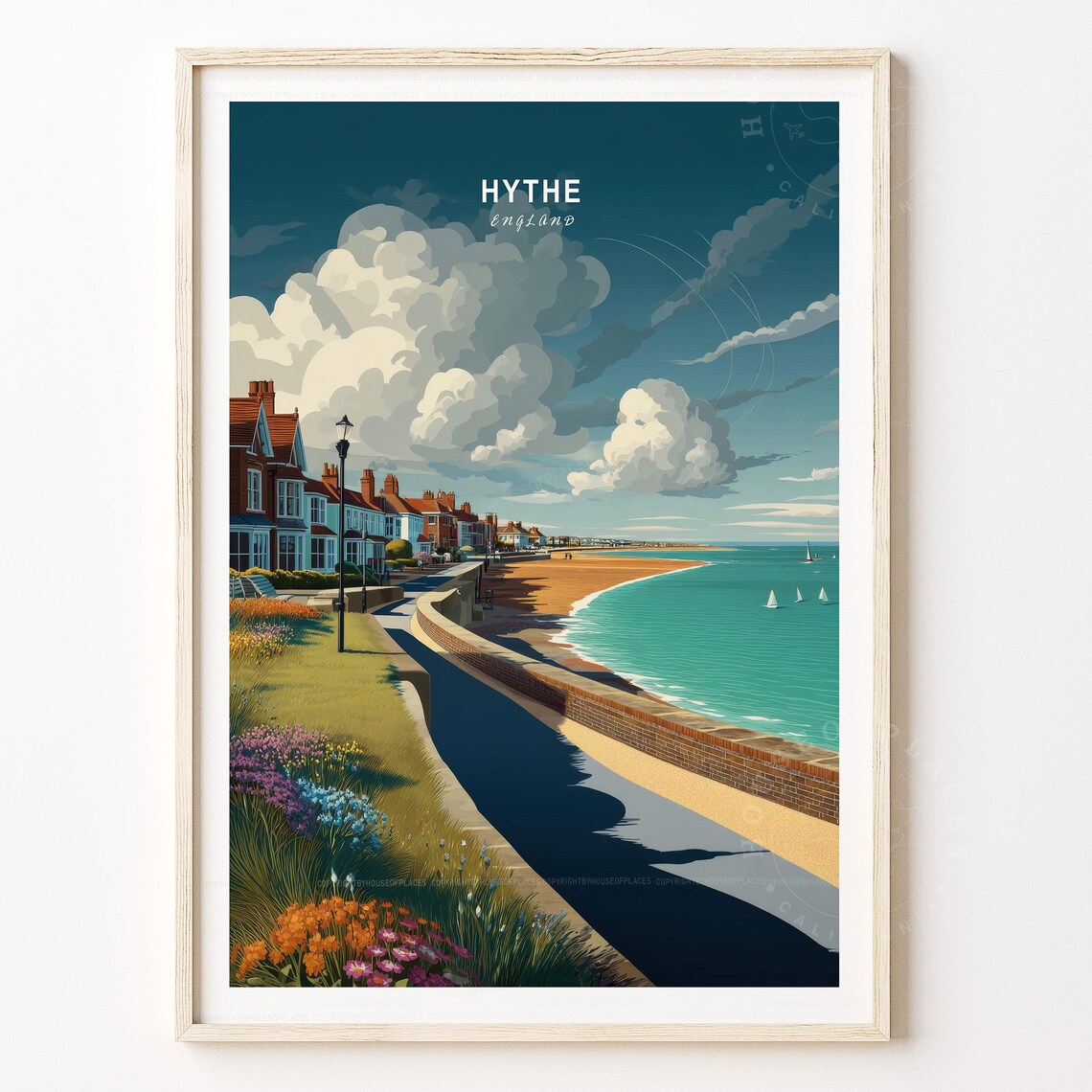 Hythe England Travel Poster Retro Seaside Walk Cloud Sky Beach Art