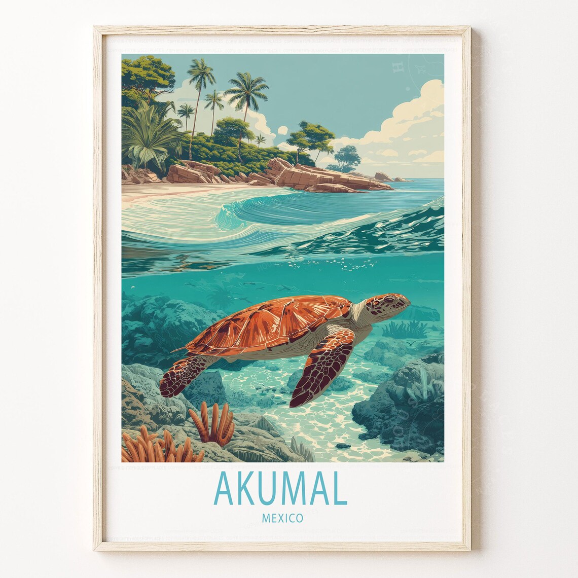 Akumal Mexico Sea Turtle Coral Reef Split View Beach Travel Poster