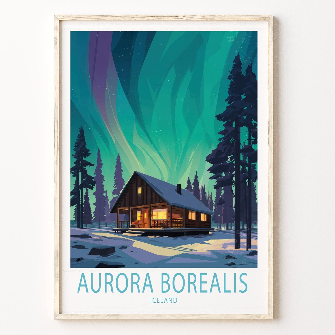 Aurora Borealis Iceland Northern Lights Cabin Winter Travel Poster