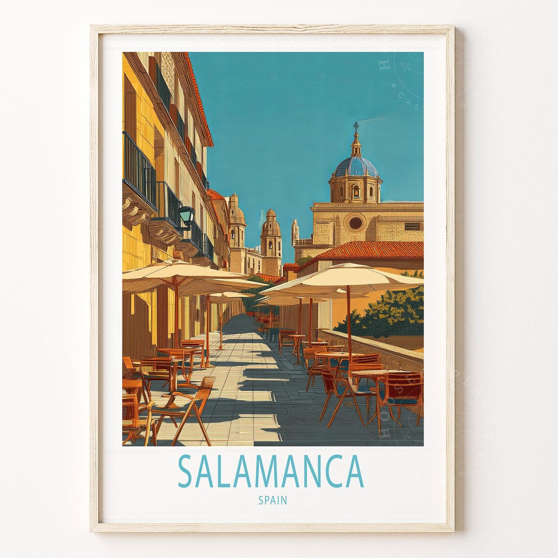 Salamanca Spain Cathedral Plaza Cafe Vintage Travel Art Poster