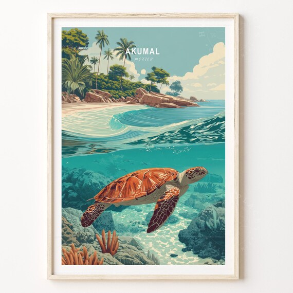 Akumal Mexico Turtle Lagoon Beach Ocean Waves Retro Travel Poster