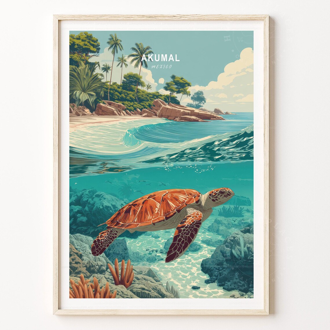 Akumal Mexico Turtle Lagoon Beach Ocean Waves Retro Travel Poster