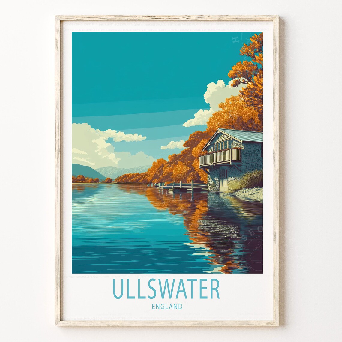 Ullswater England Autumn Boathouse Lakeside Reflection Travel Poster