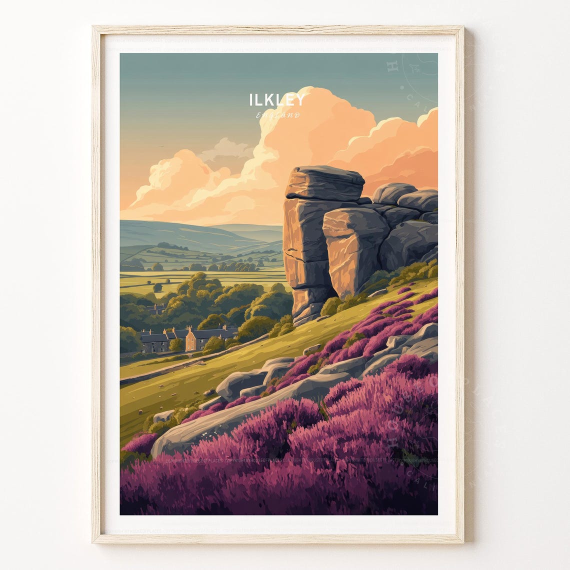Ilkley England Moor Rock Formations Heather Retro Travel Poster