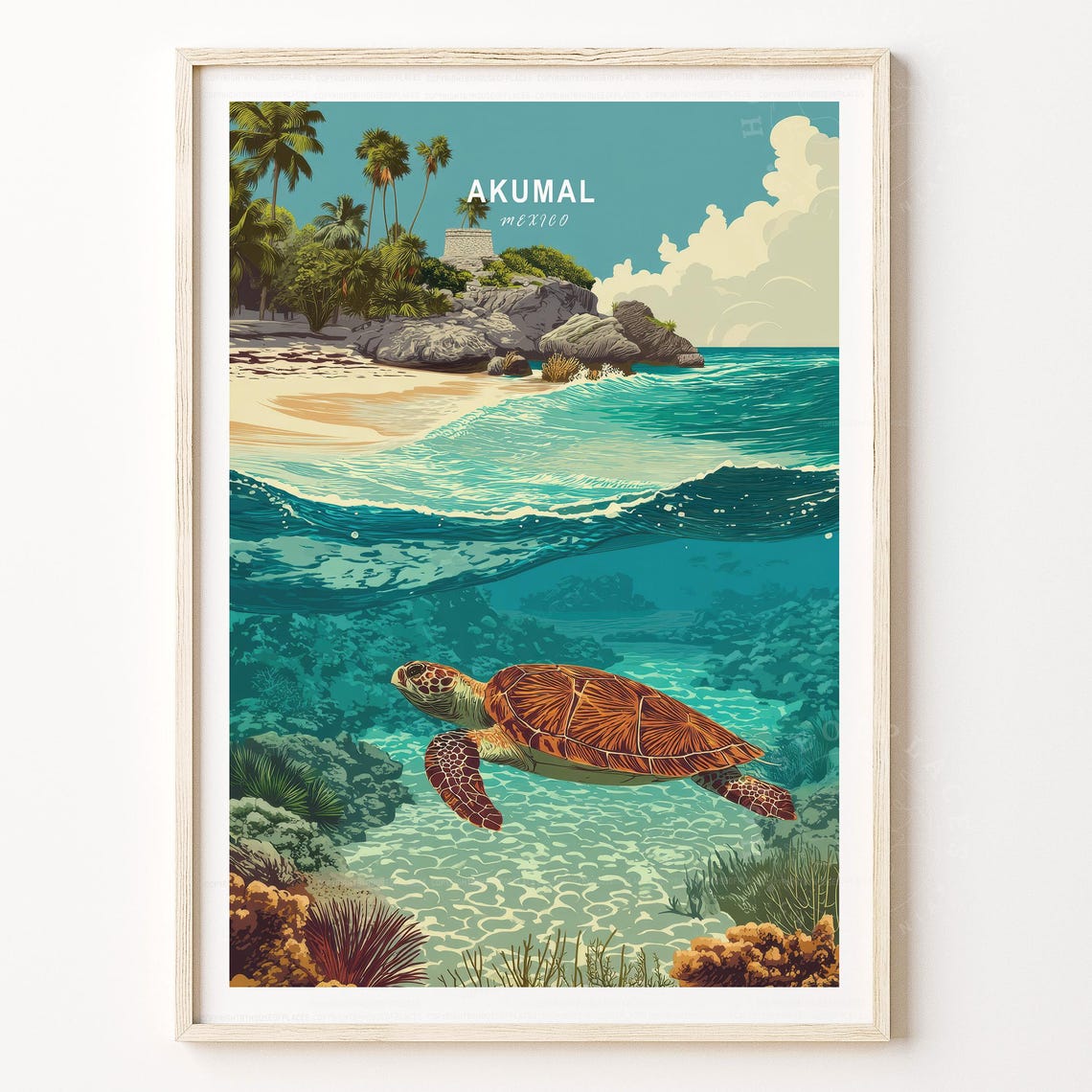 Akumal Mexico Turtle Coral Garden Beach Surf Retro Travel Poster