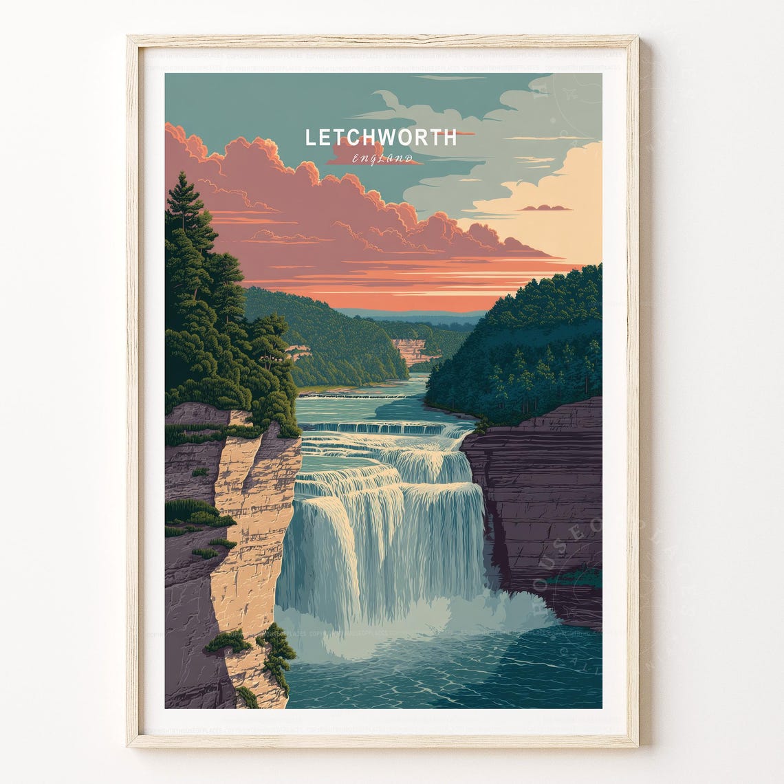 Letchworth England Waterfall Poster Pink Clouds Canyon Cliffs Travel