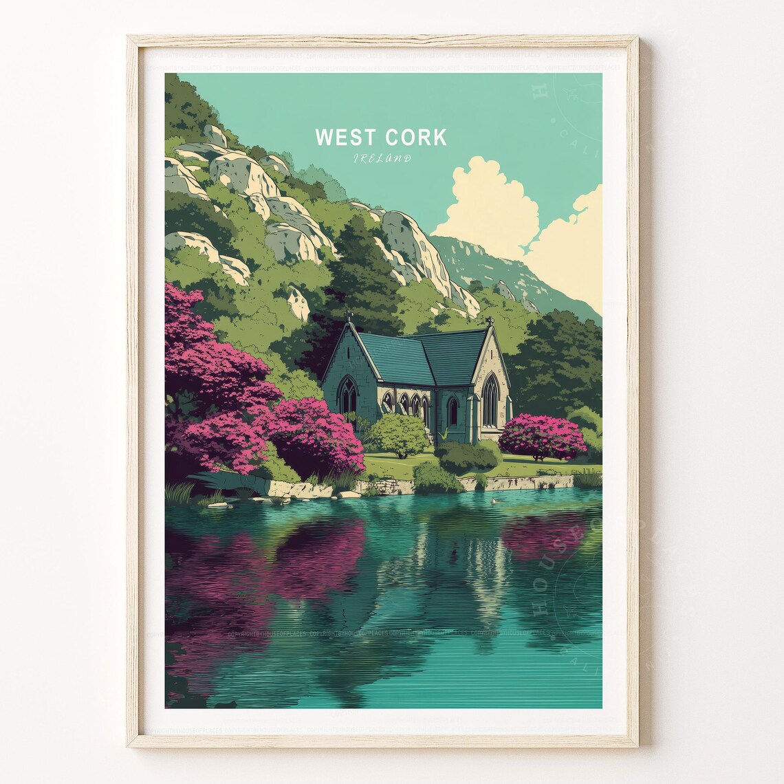 West Cork Ireland Travel Poster Lakeside Church Retro Landscape Art