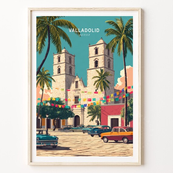 Valladolid Mexico Colonial Church Classic Cars Travel Poster