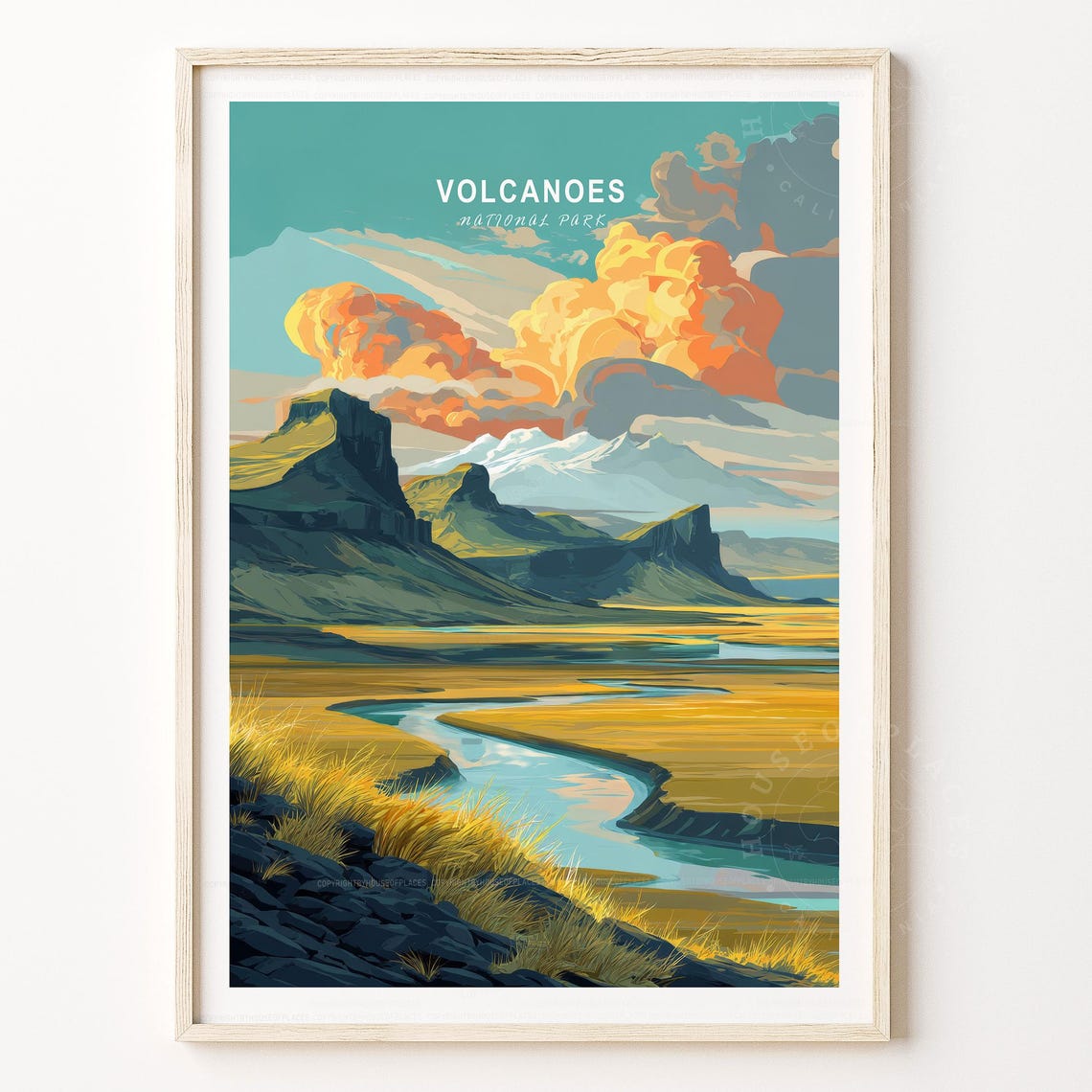 Volcanoes National Park Teal Sky Valley Landscape Travel Poster