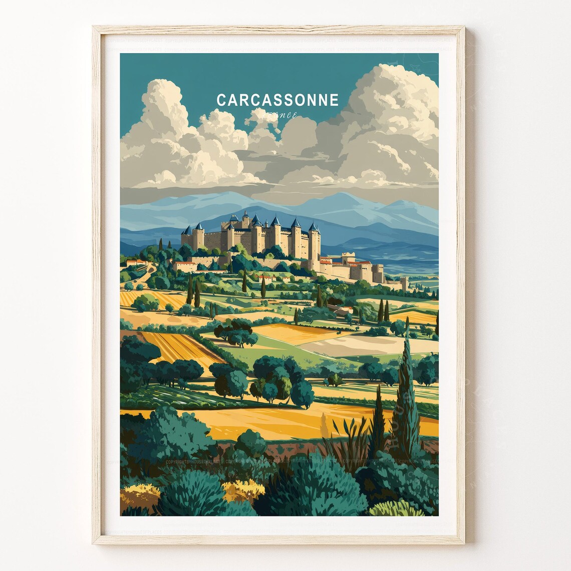 Carcassonne France Medieval Citadel Travel Poster Dramatic Sky Scene