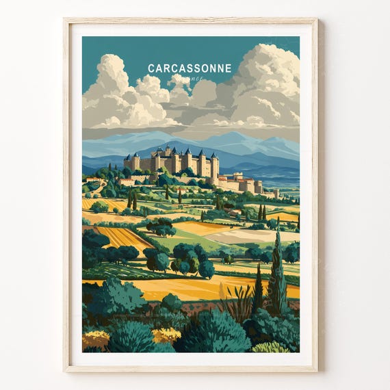 Carcassonne France Medieval Citadel Travel Poster Dramatic Sky Scene