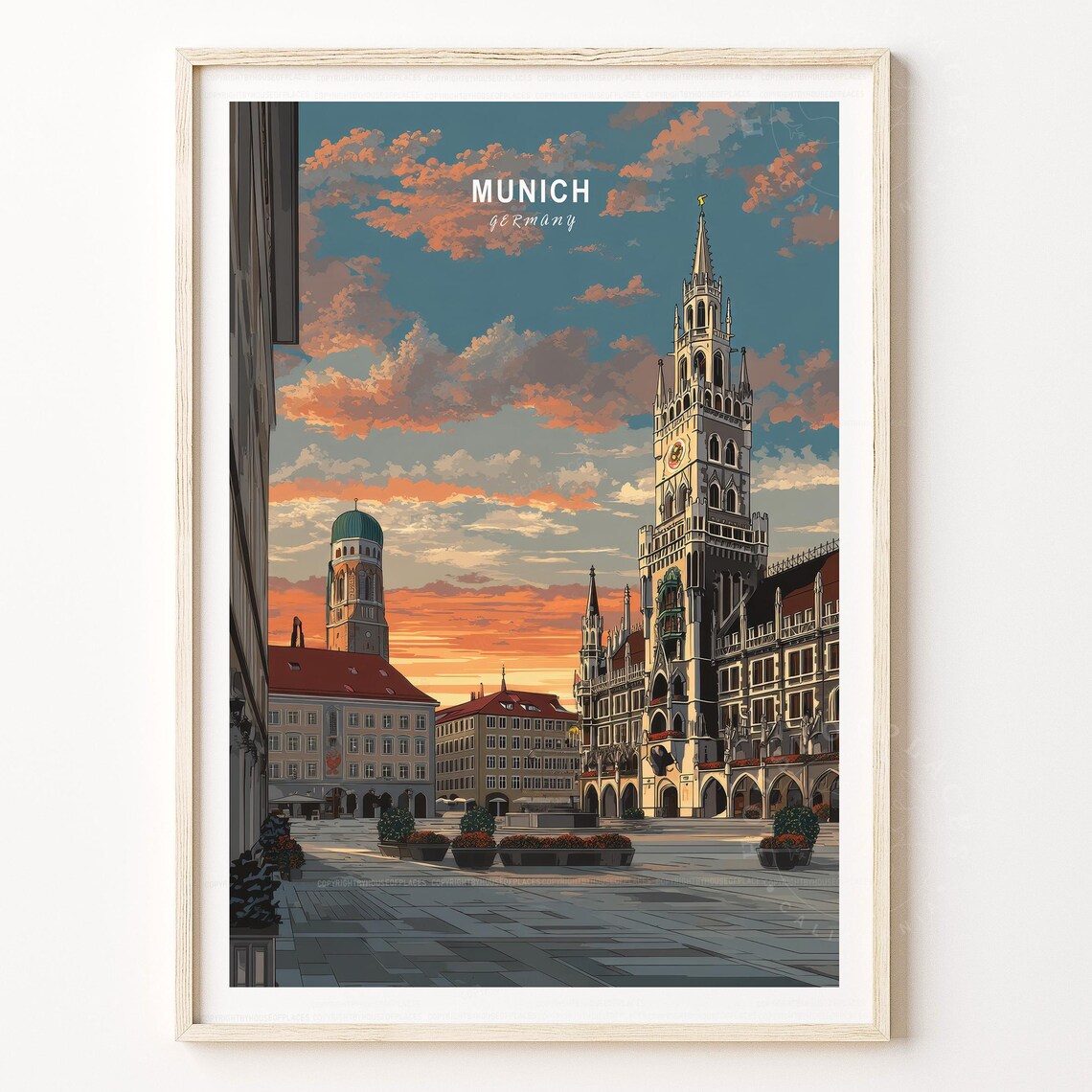 Munich Germany Marienplatz Sunset Historic Old Town Travel Poster