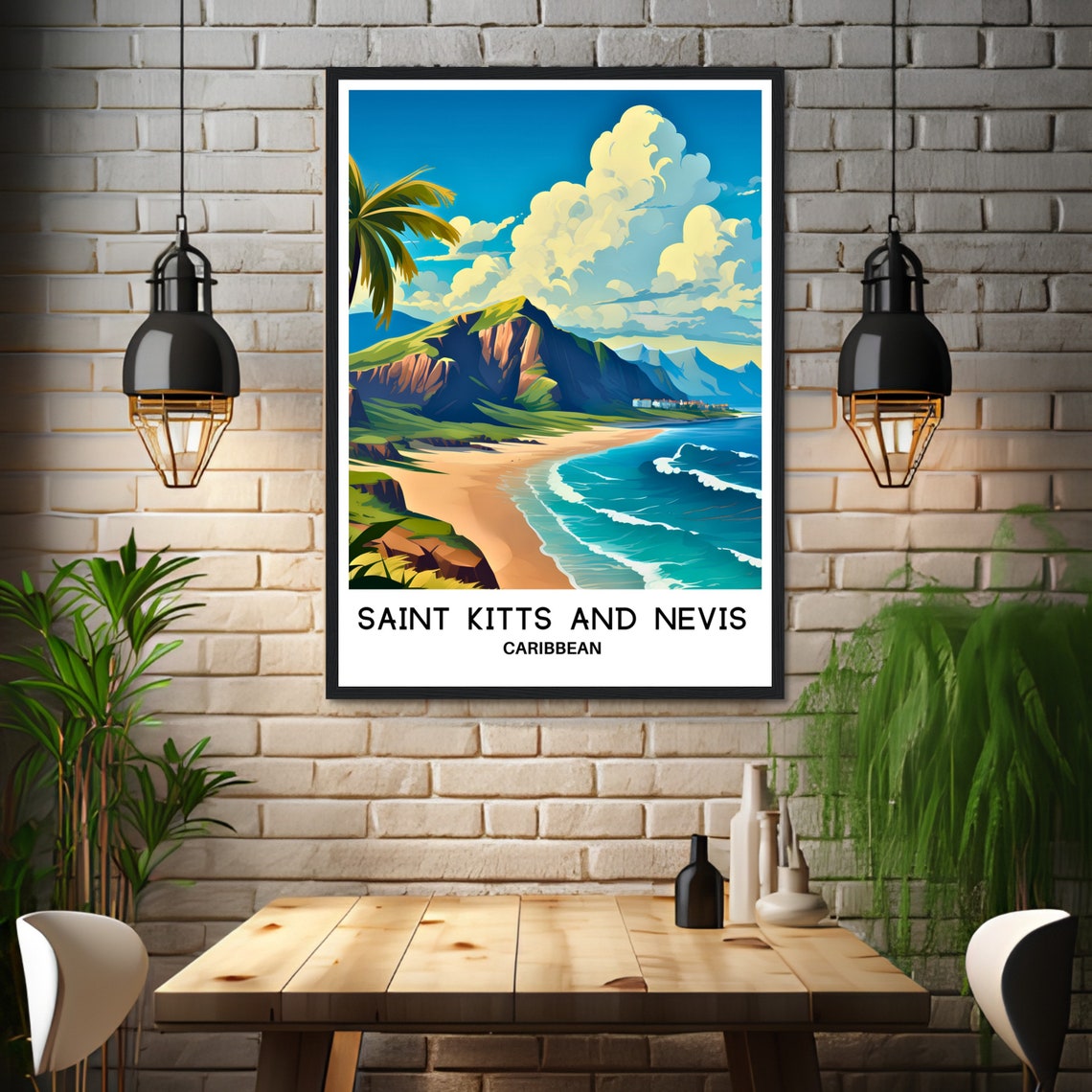 Saint Kitts and Nevis Caribbean Beach Cliffs Travel Art Poster - Image 3