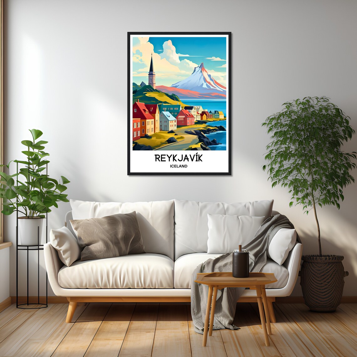 Reykjavik Iceland Coastal Town and Mountain Travel Illustration Poster - Image 2