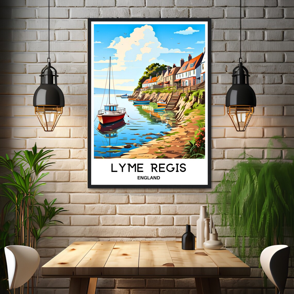 Lyme Regis Harbor Red Fishing Boats Village Cottages England Poster - Image 3