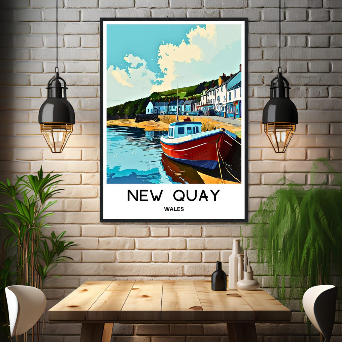 New Quay Wales Harbor Boat Seaside Illustration Travel Poster - Image 3