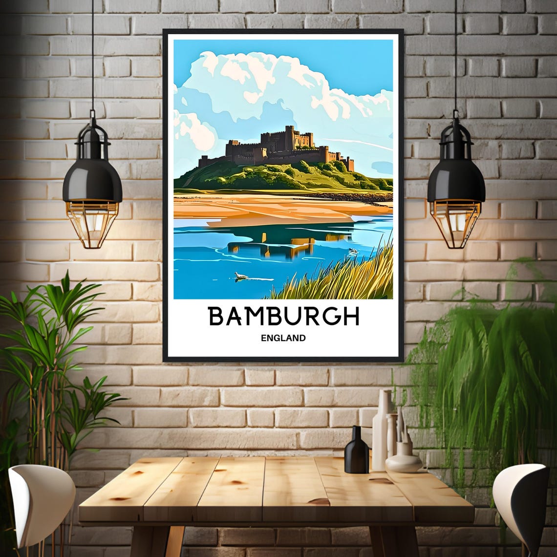 Bamburgh England Castle on Hilltop Beach Coast View Travel Poster - Image 3