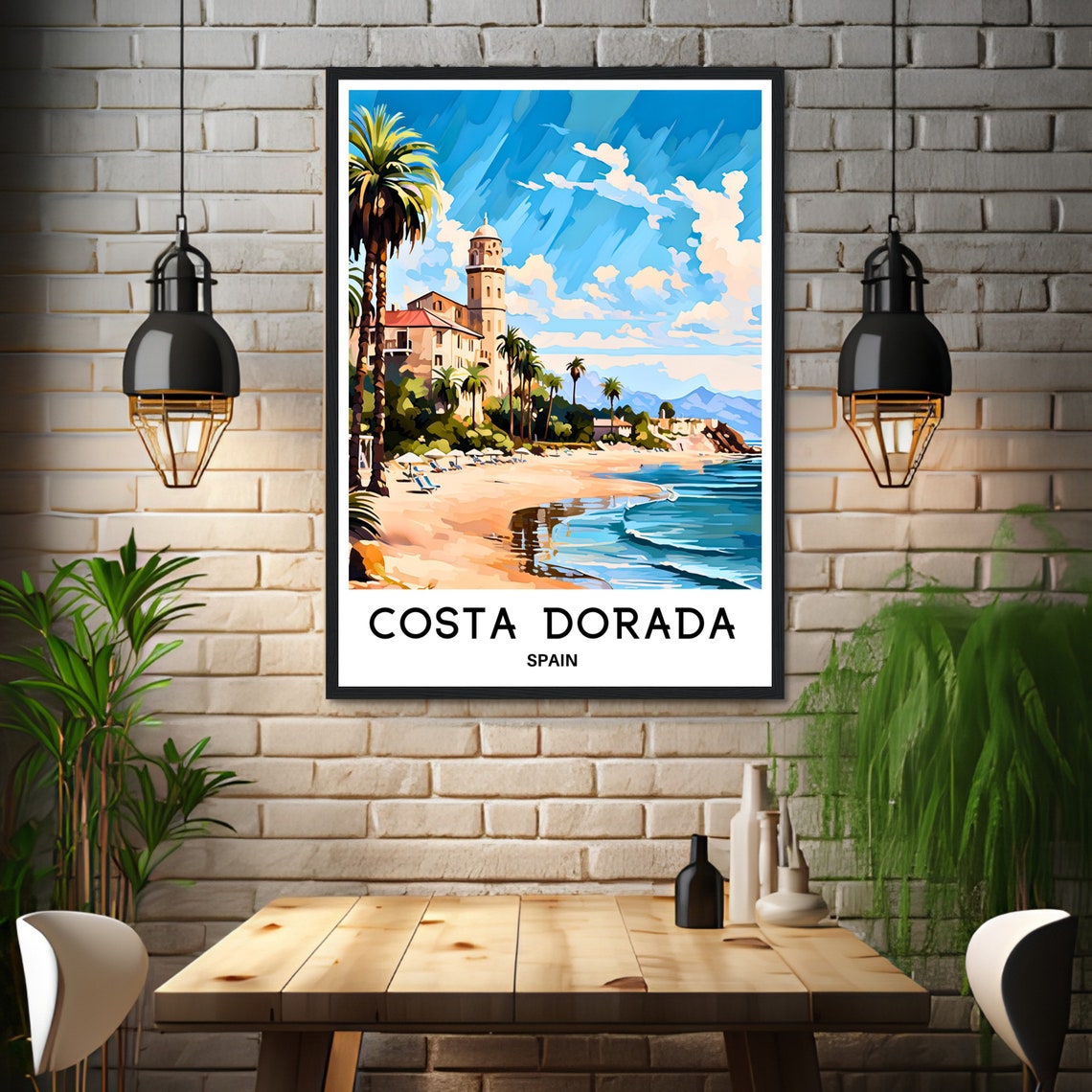 Costa Dorada Palm Beach Historic Tower Catalonia Travel Poster - Image 3