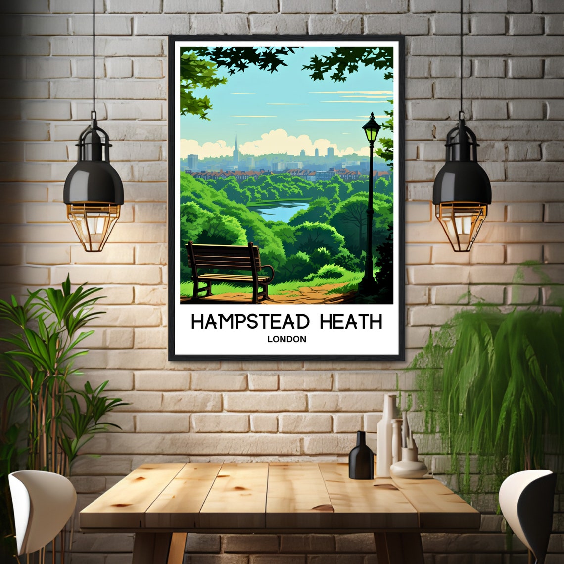 Hampstead Heath London Park Bench City Skyline Travel Poster - Image 3
