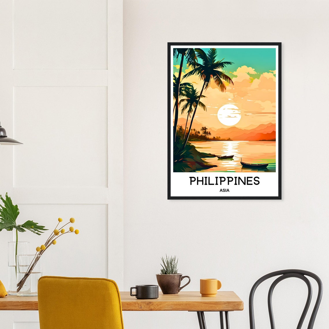 Philippines Golden Sunset Ocean Palm Silhouettes Boats Travel Poster - Image 2