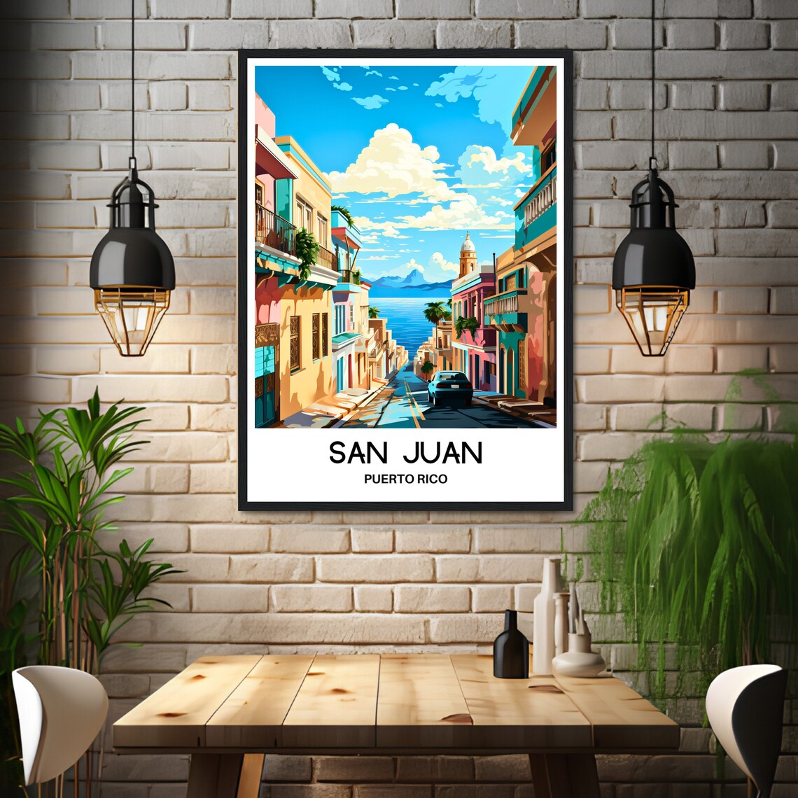 San Juan Puerto Rico Colorful Old Street Sloping to Sea Poster - Image 3
