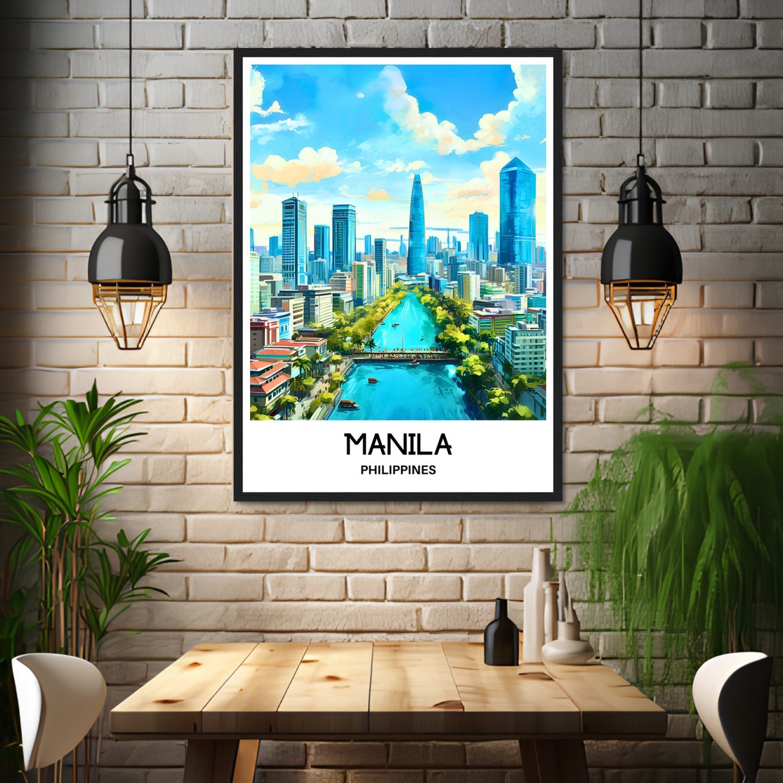 Manila Philippines Modern Skyline River Watercolor City Travel Poster - Image 3