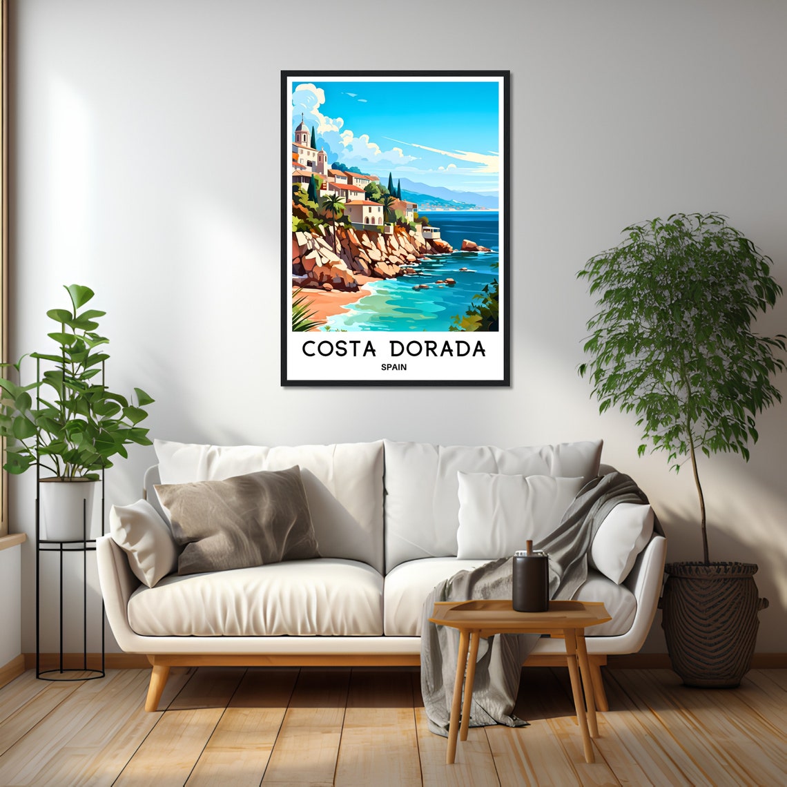 Costa Dorada Spain Cliffside Town Cove Beach Travel Art Poster - Image 2
