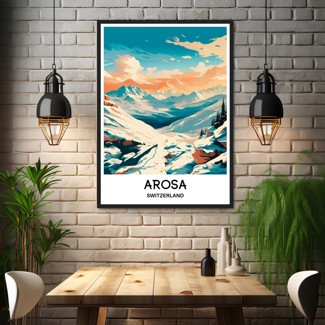 Arosa Switzerland Snowy Mountain Valley Sunrise Travel Poster - Image 3