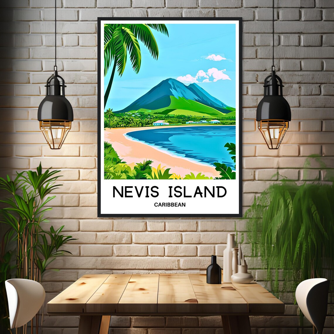 Nevis Island Caribbean Volcano Beach Palm Vintage Travel Poster - Image 3